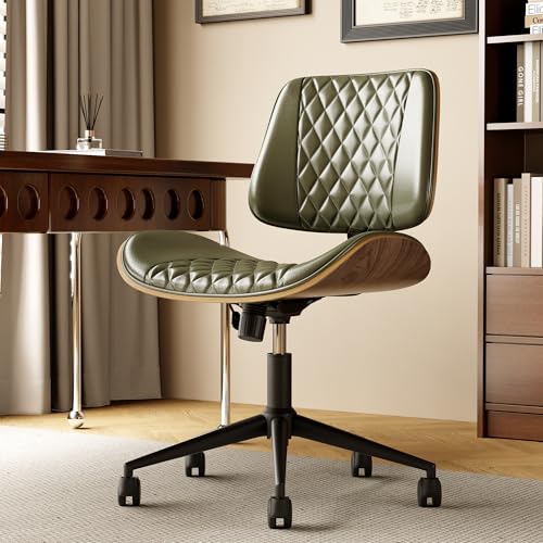 Armless Desk Chair with Wheels, PU Leather Rolling Office Chair, Adjustable Height Mid Back Computer Chair, Ergonomic Walnut Curved Seat, 360° Swivel Home Office Chair for Small Spaces(Half-Green) - color: Half-green