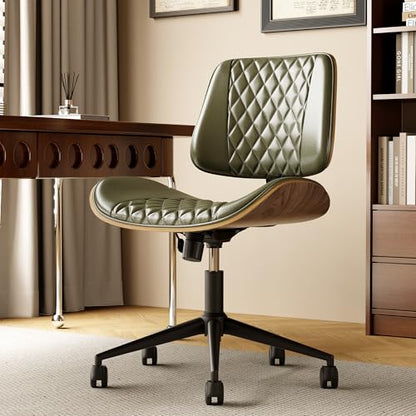 Armless Desk Chair with Wheels, PU Leather Rolling Office Chair, Adjustable Height Mid Back Computer Chair, Ergonomic Walnut Curved Seat, 360° Swivel Home Office Chair for Small Spaces(Half-Green) - color: Half-green