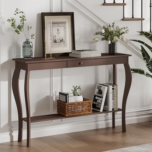 ChooChoo 47 Inch Narrow Console Table with Drawer, Chic Accent Sofa Entryway Table with Shelves for Entryway, Living Room, Hallway, Espresso - color: Espresso, size: 11.8"D x 47.2"W x 31.4"H