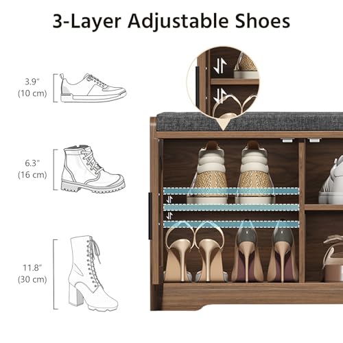 39.4" Shoe Storage Bench with Seating Cushion, Fluted 2-Tier Entryway Bench with 3 Doors & Adjustable Shelves, Shoe Cabinet Bench for Entryway, Hallway, Bedroom and Living Room - color: Walnut