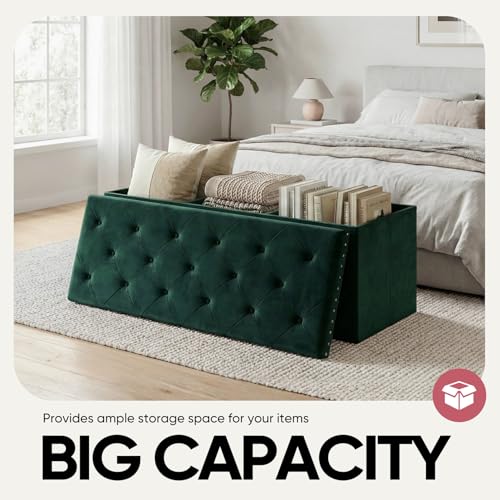 43 Inches Velvet Storage Ottoman Bench, Folding Upholstered Ottoman with Storage for Bedroom Living Room, 140L Capacity - color: Green
