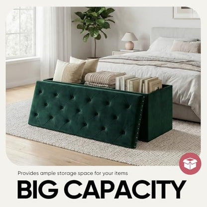 43 Inches Velvet Storage Ottoman Bench, Folding Upholstered Ottoman with Storage for Bedroom Living Room, 140L Capacity - color: Green