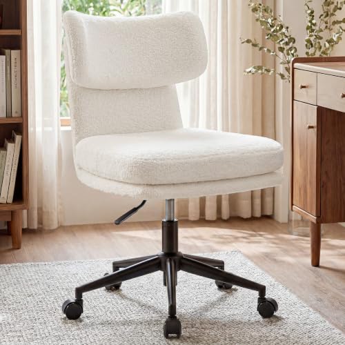 COMHOMA Vanity Chair with Ergonomic Curved Backrest, Home Office Desk Chair with Silent Wheel, Wide Seating Computer Chair for Girls Women Bedroom, Soft Teddy Fabric, White - color: White, Teddy Fleece