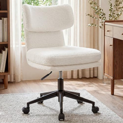 COMHOMA Vanity Chair with Ergonomic Curved Backrest, Home Office Desk Chair with Silent Wheel, Wide Seating Computer Chair for Girls Women Bedroom, Soft Teddy Fabric, White - color: White, Teddy Fleece