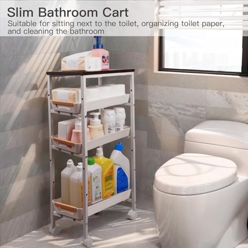 5 Tier Slim Storage Cart Metal Gap Filler with Wood Top White | Slim rolling cart fits 8" laundry gaps. Features a solid wood top for heavy detergents and breathable PP mesh drawers - color: White