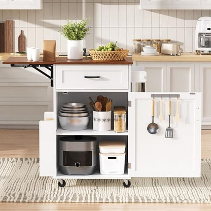 39.3"Farmhouse Kitchen Island with Open Side Rack and Drop Leaf and,Small Kitchen Rolling Cart with Drawer and Storage Cabinet, Narrow Mobile Dining Table with Lockable Wheels and Towel Rack White - color: White