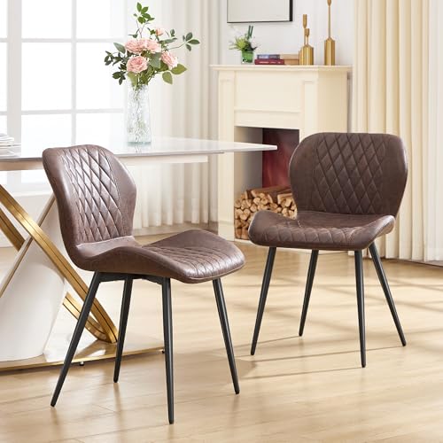 Dining Chairs Set of 2, Comfy Modern Dining Chairs with Thick Cushions, Upholstered Fabric Kitchen Side Chairs with Adjustable Metal Legs for Dining Room (Brown) - color: Brown, size: Set of 2