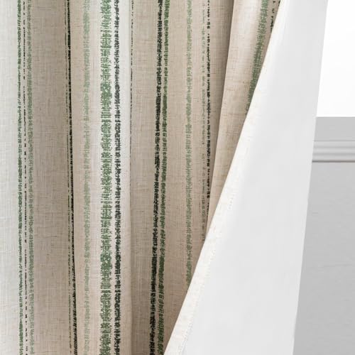 MYSKY HOME Green Striped Curtains 63 Inches Long for Bedroom 100% Blackout Ticking Stripe Pinstripe Patterned Linen Double Layer Curtains Farmhouse Drapes, Grommet, 2 Panels, 52" Wide - color: Green/Blackout, size: 52"W x 63"L (Pack of 2)
