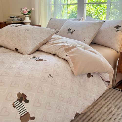 Dachshund Duvet Cover Full Size Brown Dog Puppy White Pink Heart Reversible Comforter Cover Set 3 Pcs Kids Cute Soft Lightweight Microfiber Bedding Set with Zipper Closure and 2 Pillowcases - color: Dachshund Heart, size: Full (1 Duvet Cover + 2 Pillowcas