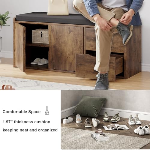 LVB Entryway Shoe Bench, Rustic Storage Bench with Cushioned Seating | Long Hidden Shoe Storage Bench with 2 Drawers, Industrial Wooden Shoe Benchs in Hallway Living Room Bedroom, Rustic Brown - color: Rustic Brown