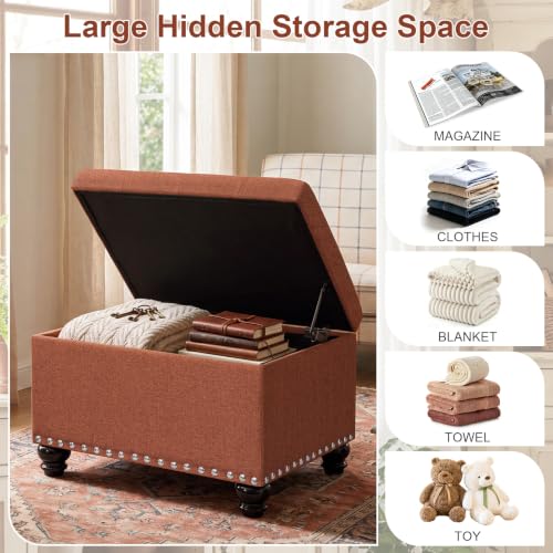 Ottoman with Storage, Fabric Ottoman Foot Rest 24" Rectangle Tufted Foot Stools Ottomans with Hinged Lid Upholstered Button Ottomans for Bedroom Living Room Entryway, Rust - color: Rust