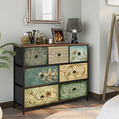 Dresser with Drawers for Bedroom Chest of Drawers Fabric Dresser for Closet,Nursery Entryway Hall Tree TV Stand for Living Room Retro Floral Pattern Drawers Wooden Top (7 Drawers) - size: 11.8"D x 39"W x 31.3"H (7 Drawers)