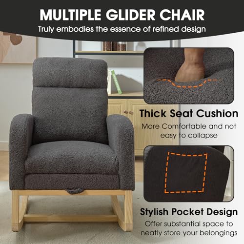 NIOIIKIT Modern Nursery Rocking Chair, Teddy Upholstered Rocking Chair with Footrest, Comfortable Rocker Chair with Side Pocket, Rocker Chair for Living Room, Bedroom, Nursing Room (Grey) - color: Grey