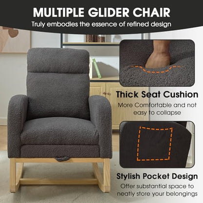 NIOIIKIT Modern Nursery Rocking Chair, Teddy Upholstered Rocking Chair with Footrest, Comfortable Rocker Chair with Side Pocket, Rocker Chair for Living Room, Bedroom, Nursing Room (Grey) - color: Grey