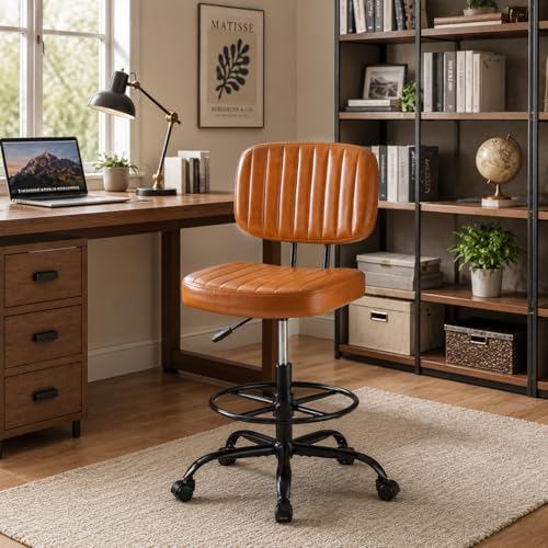 Simple Deluxe Armless Drafting Chair, Low Back PU Leather Office Seat with Footrest Ring, Swivel Rolling Stool for Standing Desk, Studio, Lab, Counter and Small Spaces, Brown - color: Brown-low Back