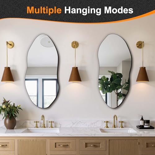Irregular Wall Mirror, 32"x14" Slim Vertical Wavy Design | Frameless, Entryway, Hallway & Bathroom, Modern Boho, Wall-Mounted - size: 32"L x 14"W