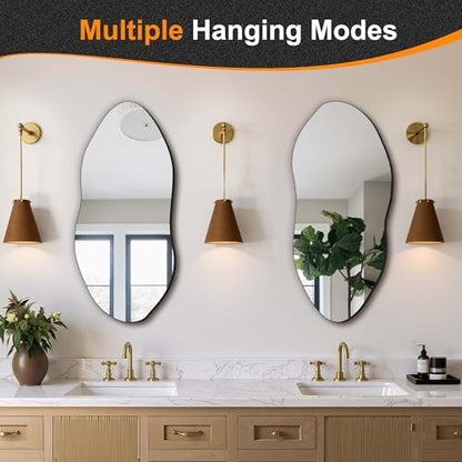 Irregular Wall Mirror, 32"x14" Slim Vertical Wavy Design | Frameless, Entryway, Hallway & Bathroom, Modern Boho, Wall-Mounted - size: 32"L x 14"W