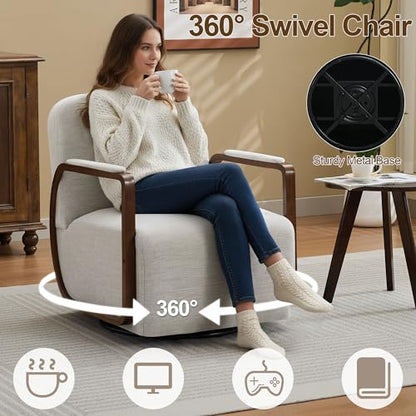 32" Chenille Upholstered Swivel Accent Chair, 360° Rotating Metal Base Modern Lounge Chair with Wooden Armrests for Living Room Bedroom, Beige - color: Beige, size: 1 Pack