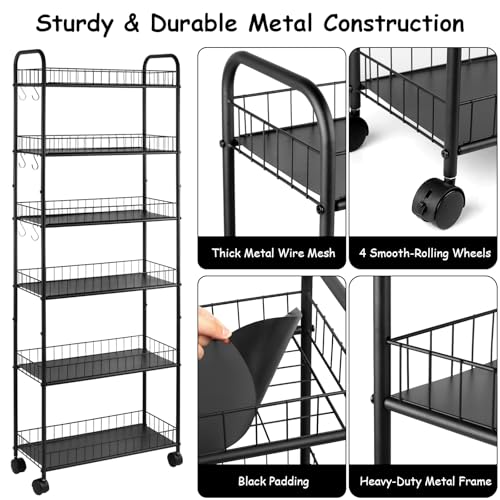 6 Tier Rolling Storage Cart on Wheels, Slim Tall Narrow Storage Shelf for Small Spaces, Metal Utility Cart Freestanding Mobile Shelving Rack with Wheels for Kitchen, Bathroom, Laundry Room - size: 10 in Wide