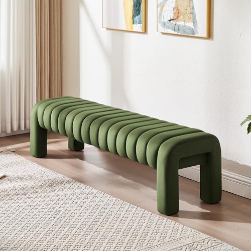63” Dining Room Bench, Olive Green Tufted Upholstered End of Bed Bench, Modern Entryway Ottoman Window Seat with Solid Wood Legs and Padded Seat for Bedroom, Hallway and Living Room (Velvet) - color: Olive Green Velvet, size: 63"