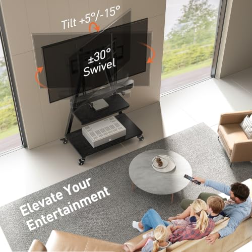 Perlegear Mobile TV Stand with Soundbar Mount, Rolling Floor TV Stand with Wheels for 43-83" TVs up to 132lbs, Mobile TV Cart with Storage Shelves, Tilt Swivel Corner TV Cart Max VESA 600x400mm