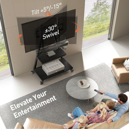 Perlegear Mobile TV Stand with Soundbar Mount, Rolling Floor TV Stand with Wheels for 43-83" TVs up to 132lbs, Mobile TV Cart with Storage Shelves, Tilt Swivel Corner TV Cart Max VESA 600x400mm