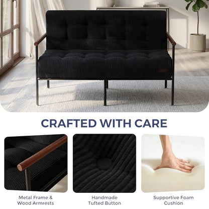 MAXYOYO Loveseat Sofa Chair, Love Seat, Sturdy Metal Frame, Wood Armrests | Button-Tufted Upholstery, Cozy Two-Person Seating for Modern Small Couches in Living Rooms, Bedrooms or Offices, Black - color: Black