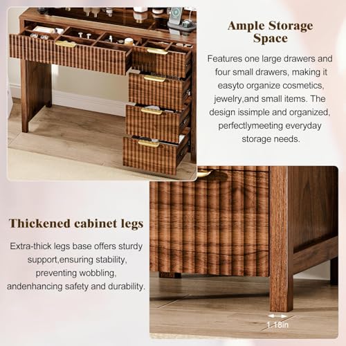 Arulvmrn 43.3'' Vanity Desk with Mirror and Lights, with Glass Tabletop, with 5 Drawers & Shelves,Makeup Vanity Set for Bedroom, Tan - color: Tan