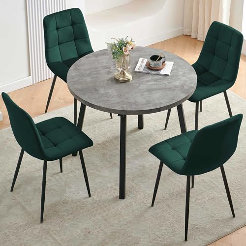 Homedot 5 PCS Dining Room Table Set, Grey Kitchen Table with Hooks for Hanging, Thick MDF Tabletop, 4 Dark Green Velvet Living Room Chairs - color: Dark Green, size: 1* Grey Round Table+4*Chair
