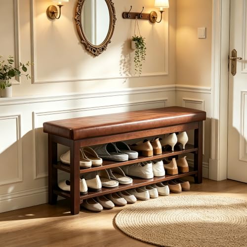 40" Entryway Bench, Shoe Storage Bench, Brown | Leather Cushion, Shoe Rack, End of Bed Bench for Front Door Entrance, Mudroom - color: Brown