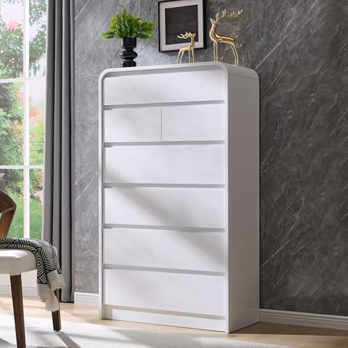 Aitjunz Modern 7 Drawers Dresser for Bedroom, 55" Tall Dressers & Chest of Drawers w/Curved Profile Design, Wood Mid Century Vertical Storage Dressers Organizer for Bedroom, Living Room, White - color: White, size: 15.5"D x 31.5"W x 55.5"H (7 Drawers)
