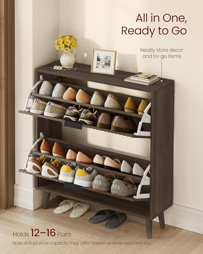 VASAGLE MAXE Collection - Shoe Storage Cabinet with 2 Flip Drawers, Freestanding Narrow Shoe Rack Organizer for Entryway, Fluted Doors, Fits 12-16 Pairs, Mid Century Modern, Walnut Brown UHSC202KF02S | Freestanding Shoe Rack Organizer, Fluted Doors, Mid C