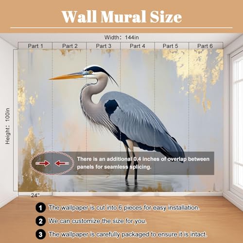 Wall Mural Heron Bird Painting Gold Foil Animal Coastal Blue Feathers Beak Peel & Stick Wallpaper Removable Self-Adhesive Large Wall Sticker Wall Decor for Bedroom Living Room Nursery 100"x144" - color: Multi4, size: 100"x144"