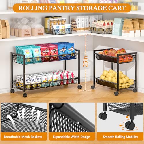 3IngSeagulls 2-Tier Expandable Rolling Pantry Floor Organizer, Stackable Pantry Storage Cart with Wheels, Kitchen Fruit and Vegetable Storage Rack for Onion, Potato, Food, Snacks