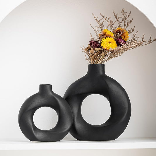 Black Ceramic Vase Set of 2,Matte Modern Nordic Boho Home Decor for Living Room,Bedroom,Wedding Table - color: Black