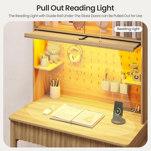 Lvifur 31.5" LEDStudy Desk with Hutch,Outlets,Reading Lights | Computer Desk with Charging Station,2 Drawer,Compact Writing Desks,Home Office Desks for Bedroom,Natural - color: Natural