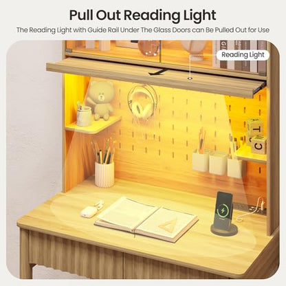 Lvifur 31.5" LEDStudy Desk with Hutch,Outlets,Reading Lights | Computer Desk with Charging Station,2 Drawer,Compact Writing Desks,Home Office Desks for Bedroom,Natural - color: Natural