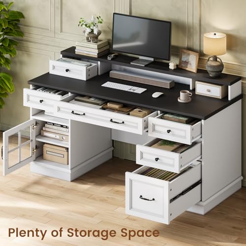 HAUOMS Farmhouse Executive Desk Computer Desk with Drawers, White | Executive Office Desk with File Drawers, Power Outlet, Led Lights, Storage Cabinet and Monitor Shelf for Home Office - color: White