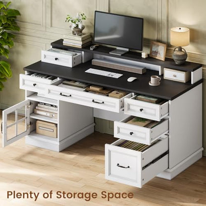 HAUOMS Farmhouse Executive Desk Computer Desk with Drawers, White | Executive Office Desk with File Drawers, Power Outlet, Led Lights, Storage Cabinet and Monitor Shelf for Home Office - color: White