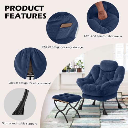 Lazy Chair with Folding Ottoman,Leisure Sofa Chair,Soft Fabric Armchair with Armrests and Side Pockets, Reading Chair with Footrest for Living Room, Bedroom, Office (Plush Navy) - color: Plush Navy
