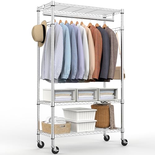 M MZG Heavy Duty Rolling Garment Rack 3 Tiers Adjustable Wire Shelving Clothes Rack with Rods and Side Hooks,Storage Closet Clothing Rack with Wheels Chrome 15.7" D x 29.5" W x 74.5" H - color: Chrome, size: 3 Tier with 1 rod, 15.7"D x 29.5"W x 74.5"H