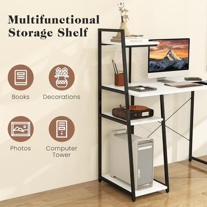 Tangkula Computer Desk with Shelves, Space Saving Home Office Desk with 3-Tier Ladder Shaped Storage Bookshelf, Modern Writing Study Desk with Metal Frame, Compact Computer Workstation (White) - color: White