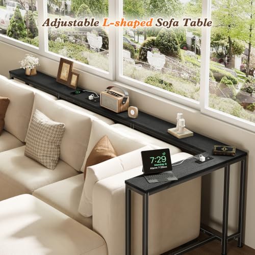 110.2" Narrow Adjustable Console Table with 2 Outlets, 39.3"-51.2" Adjustable Length U Shaped Table Behind Couch, 4 Assembly Options, Extra-Long L Shaped Entryway Tables for Living Room, - color: Black