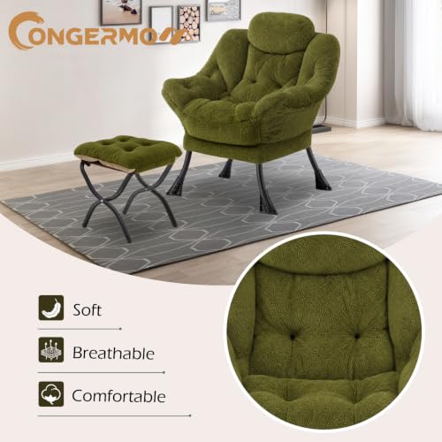 Lazy Chair with Folding Ottoman,Leisure Sofa Chair,Soft Fabric Armchair with Armrests and Side Pockets, Reading Chair with Footrest for Living Room, Bedroom, Office (Plush Green) - color: Plush Green