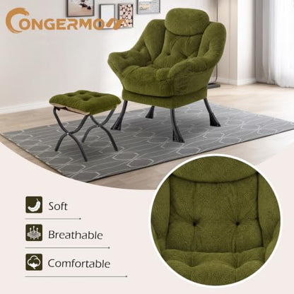 Lazy Chair with Folding Ottoman,Leisure Sofa Chair,Soft Fabric Armchair with Armrests and Side Pockets, Reading Chair with Footrest for Living Room, Bedroom, Office (Plush Green) - color: Plush Green