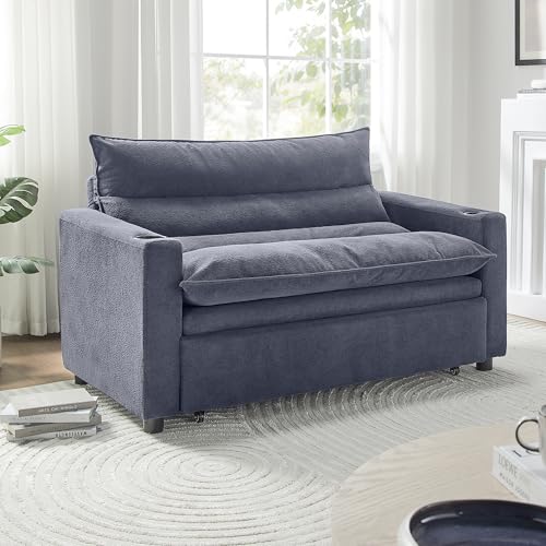 SLEERWAY 3 in 1 Convertible Sleeper Sofa Bed, 56.3" W Easy Pull Out Couch Bed with Dual Cup Holders, Comfy Thick Padding Futon Loveseat with Adjustable Backrest for Living Room Small Space (Grey) - color: Grey, size: 56.3"
