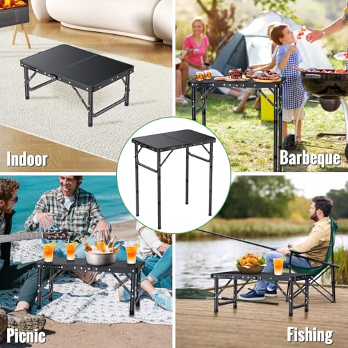 GARLLEN 2ft Folding Camping Table Max Capacity 66lbs, 3 Adjustable Height Folding Grill Table with MDF Tabletop, Lightweight Folding Tables for BBQ, Travel, Picnic, 22.8" L x 15.7" W - color: Black, size: Tabletop Size: 22.8"L x 15.7"W