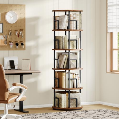 MAHANCRIS Rotating Bookshelf, 5-Tier Book Shelf, 360° Spinning Bookcase, Freestanding Storage Shelf with Guardrails, for Small Space, Living Room, Bedroom, Home Office, Rustic Brown and Black BKHR4501 - color: Rustic Brown, Black, size: 5-Tier