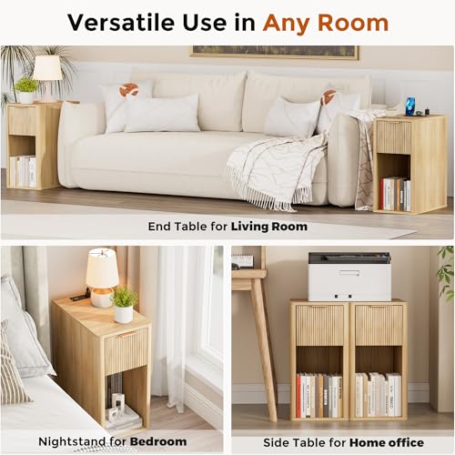 Homleke Narrow End Table with Fluted Drawer & Charging Station | Compact Nightstand with USB Ports & Outlets, Bedside Table for Bedroom, Living Room, Modern Accent Table, Natural - color: Natural