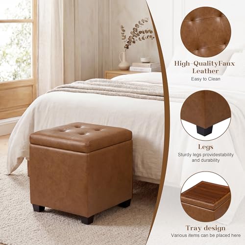 15 inch Square Storage Ottoman with Tray Lid,Modern Tufted Faux Leather Cube Coffee Table with Storage,Upholstered Ottoman with Removable Top for Living Room, Bedroom - color: Faux Leather -Taupe Brown With Tray